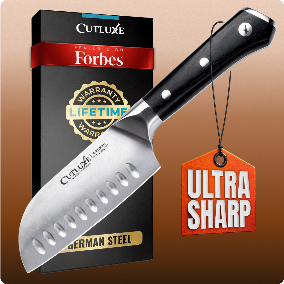 Product image 1 of 6: Ultra sharp German steel kitchen knife with black handle, lifetime warranty, featured on Forbes