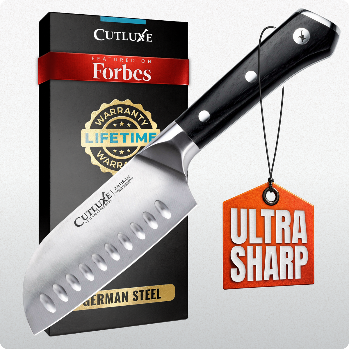Product image 6 of 6: Ultra sharp German steel chef knife with lifetime warranty, featured on Forbes, ideal for home cooks and chefs