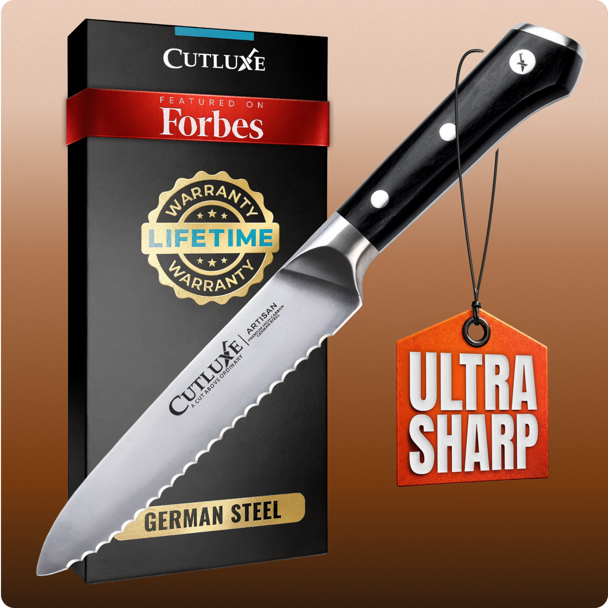 Product image 1 of 9: Ultra sharp German steel kitchen knife with lifetime warranty, featured on Forbes