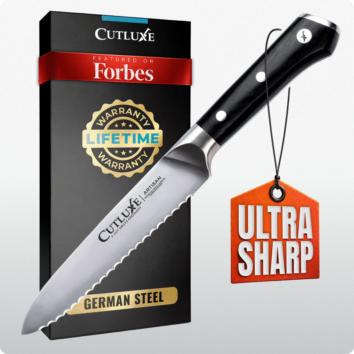 Product image 9 of 9: Ultra sharp German steel kitchen knife with lifetime warranty, featured on Forbes, ideal for home cooks and chefs