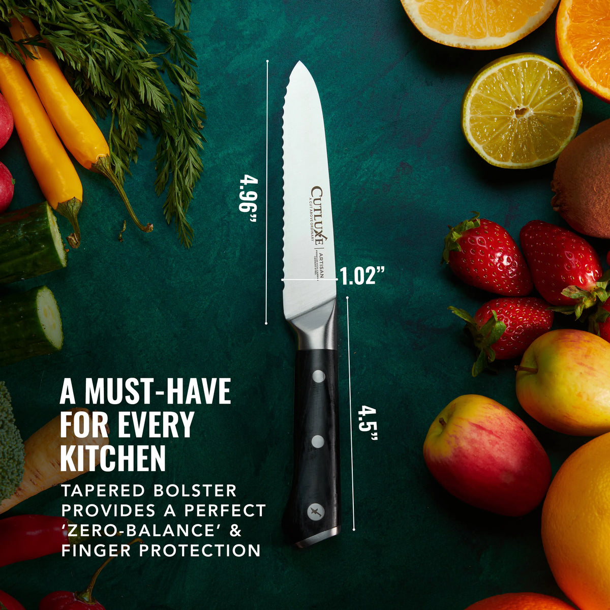 Product image 2 of 9: Serrated kitchen knife with tapered bolster, surrounded by fresh fruits and vegetables on a green background