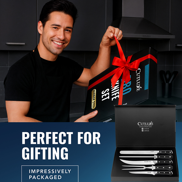 Product image 8 of 10: Man holding gift-wrapped Cutluxe knife set, perfect for gifting with impressively packaged kitchen knives