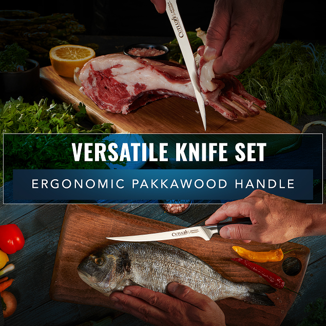 Product image 4 of 7: Versatile kitchen knife set with ergonomic pakkawood handle slicing meat and fish on wooden boards