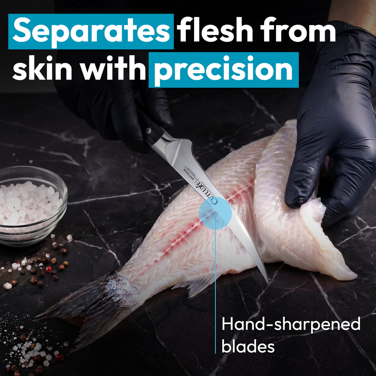 Product image 8 of 10: Chef using precision kitchen knife to fillet fish on marble, hand-sharpened blade separates flesh from skin