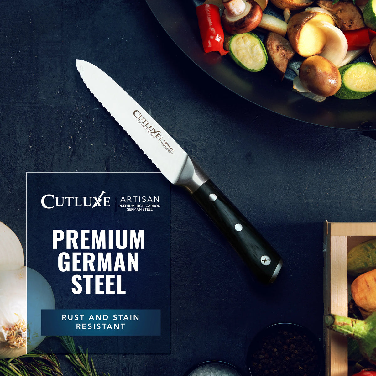 Product image 8 of 9: Premium German steel kitchen knife with serrated edge, ideal for slicing vegetables and meats