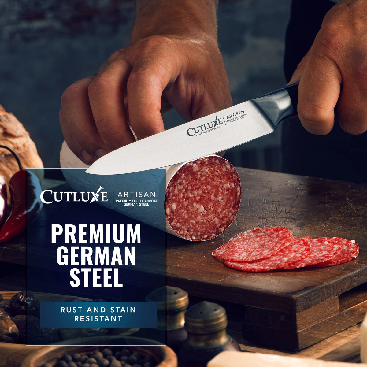 Product image 8 of 11: Sharp kitchen knife slicing salami on wooden board, premium German steel, rust and stain resistant