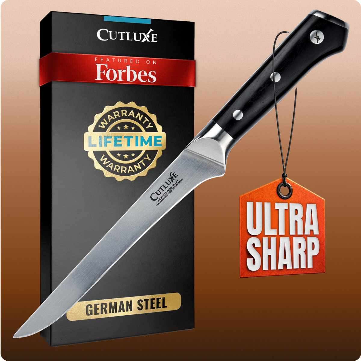 Product image 1 of 8: Ultra sharp German steel kitchen knife with lifetime warranty, featured on Forbes, ideal for home cooks and chefs