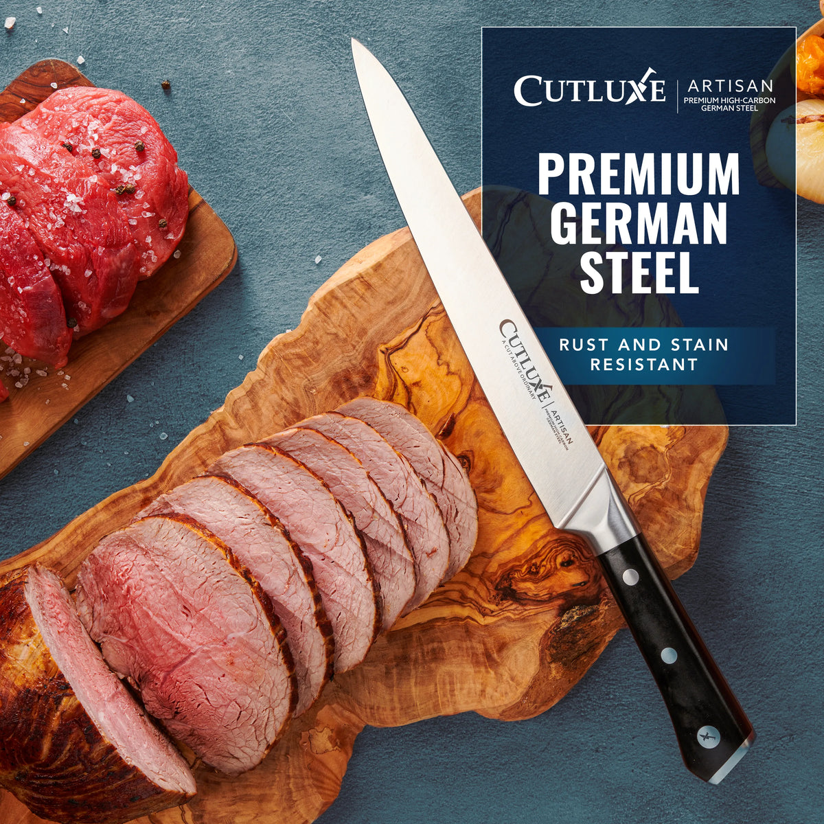 Product image 7 of 11: Premium German steel carving knife slicing roast beef on wooden board, rust and stain resistant