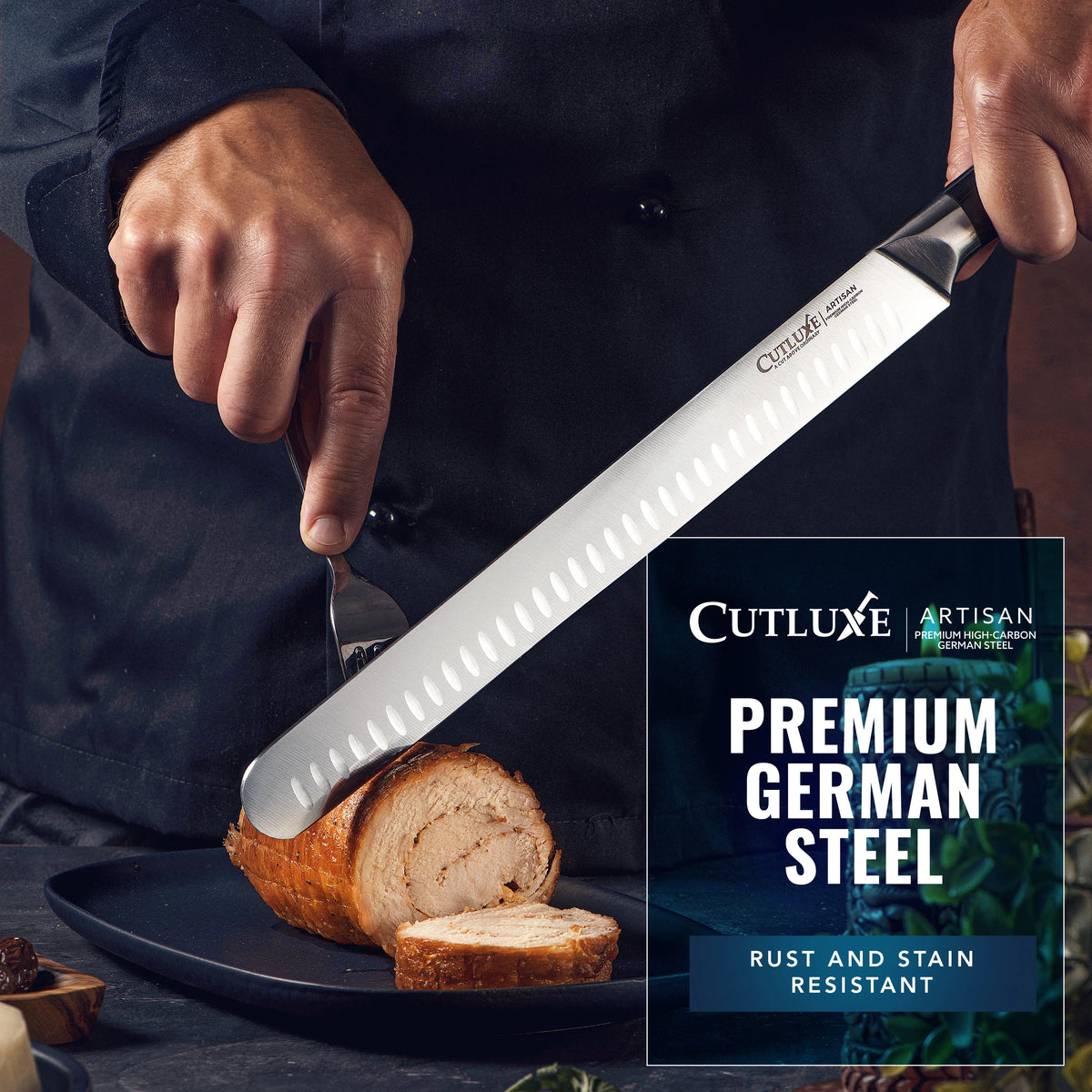 Product image 8 of 10: Chef slicing roasted meat with premium German steel knife, rust and stain resistant