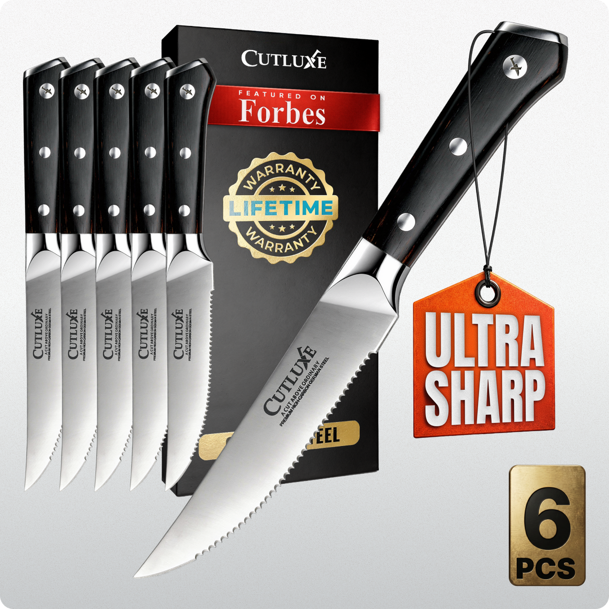 Product image 10 of 10: 6-piece ultra sharp serrated kitchen knife set with lifetime warranty, premium German steel blades