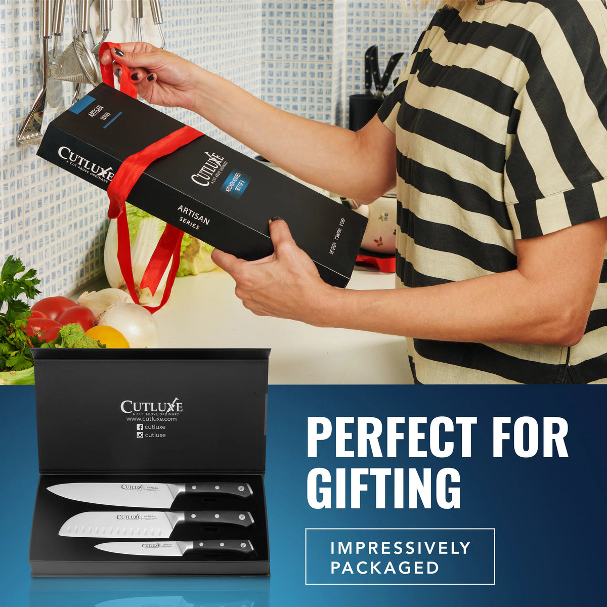 Product image 10 of 11: Artisan Series kitchen knives set, elegantly packaged with red ribbon, ideal for gifting