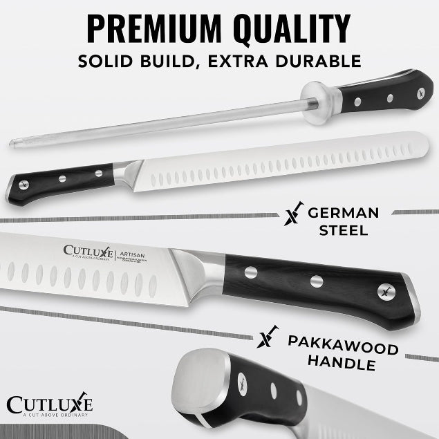 Product image 3 of 10: Premium German steel kitchen knives with Pakkawood handles, solid build for home cooks and chefs