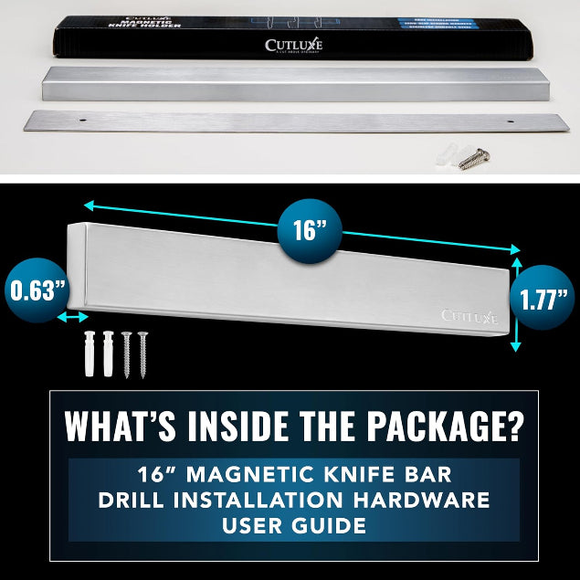 Product image 3 of 9: 16-inch magnetic knife bar with installation hardware and user guide for kitchen knives