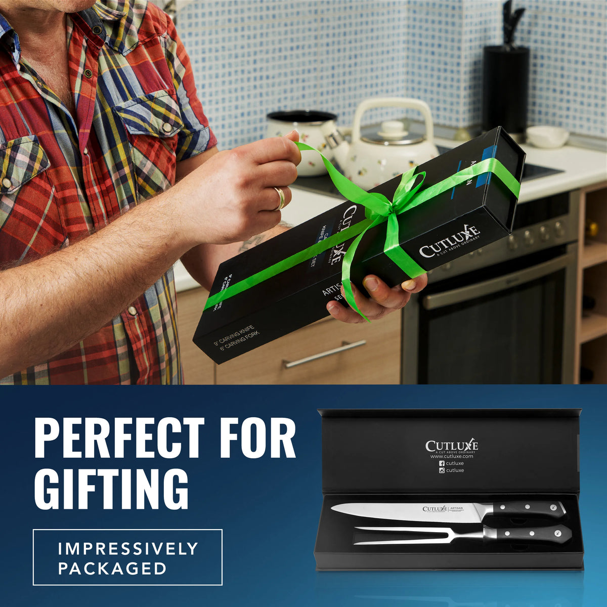 Product image 8 of 11: Man holding a gift-wrapped Cutluxe carving knife and fork set in kitchen, perfect for gifting