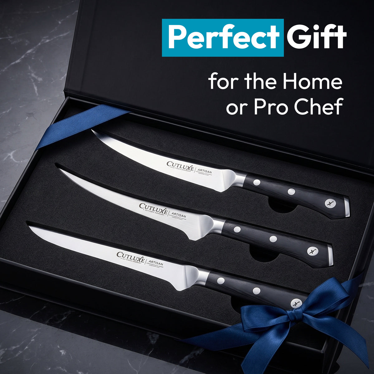 Product image 9 of 10: Elegant kitchen knife set in gift box with blue ribbon, perfect for home or pro chefs
