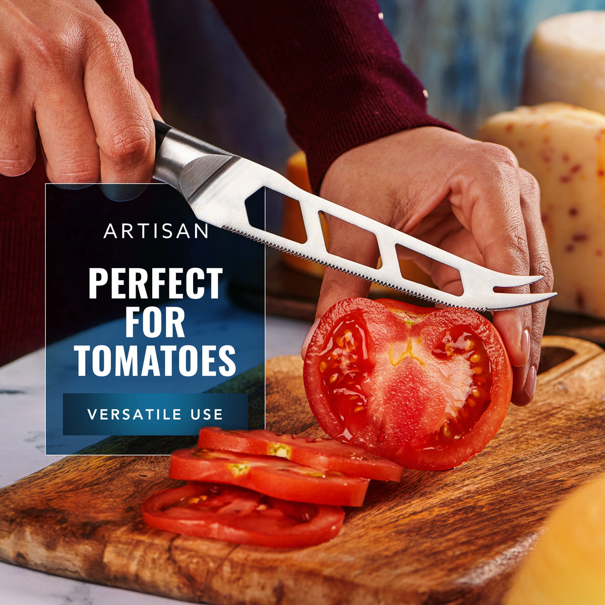 Product image 8 of 9: Artisan kitchen knife slicing fresh tomato on wooden cutting board, perfect for home cooks