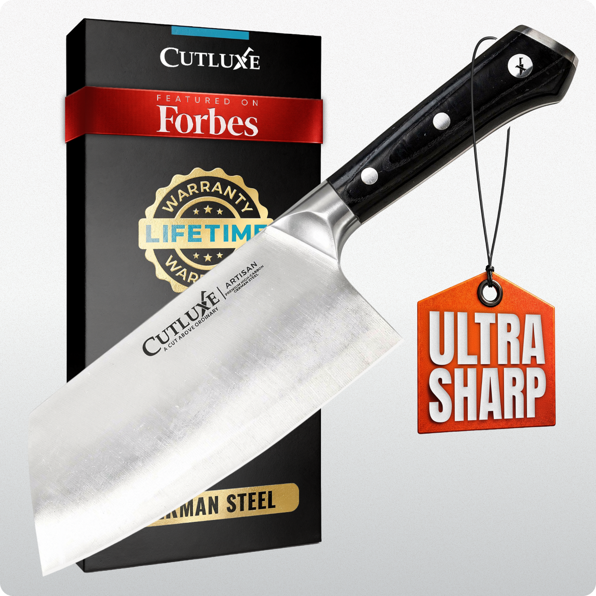 Product image 7 of 7: Ultra sharp German steel chef knife with black handle, lifetime warranty, featured on Forbes