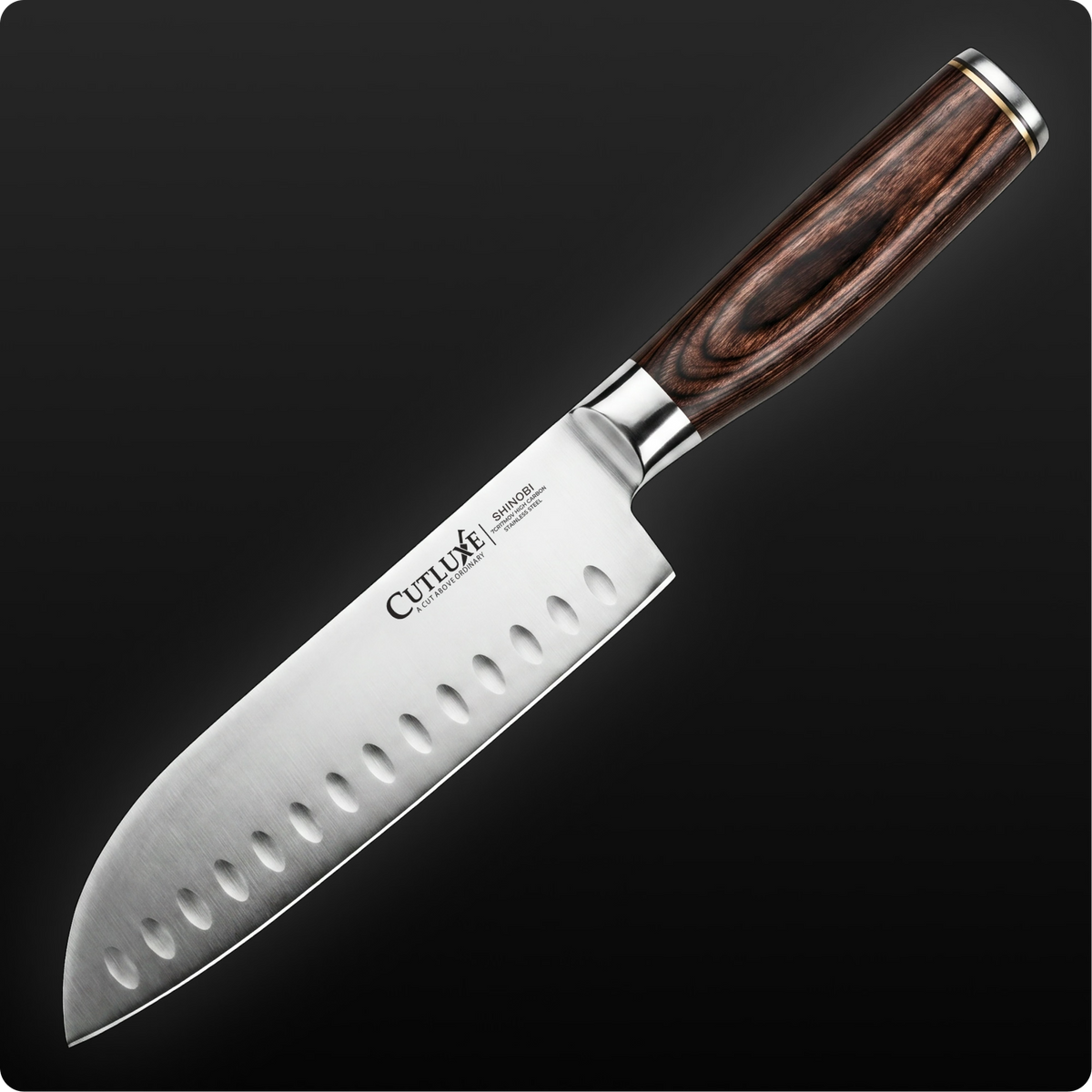 Product image 9 of 17: Cutluxe Shinobi chef knife with wooden handle and stainless steel blade, ideal for home cooks and chefs
