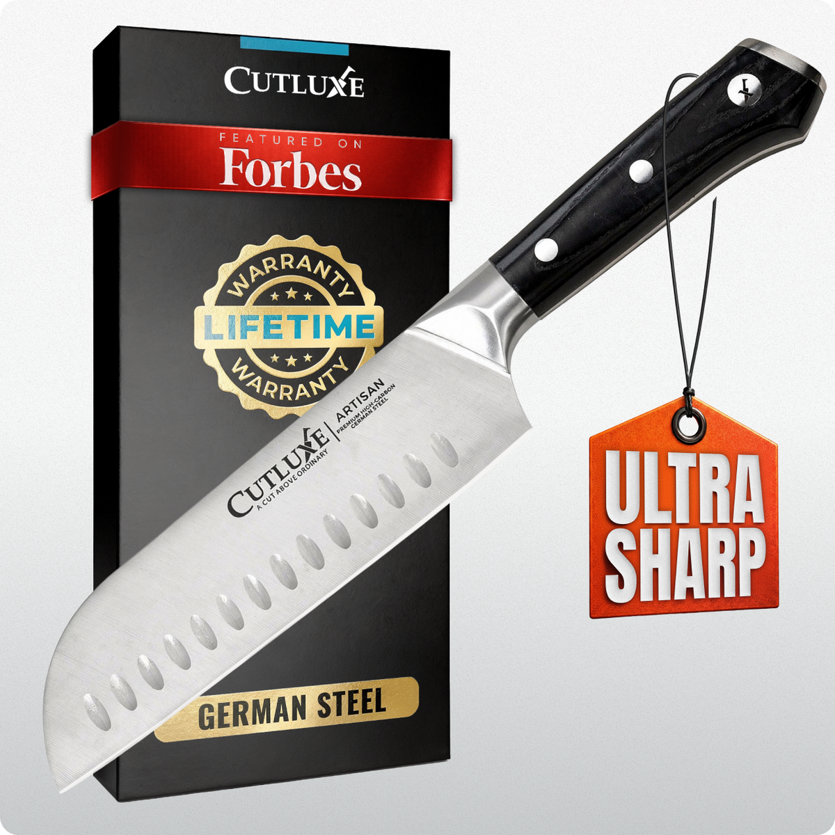 Product image 8 of 8: Ultra sharp German steel chef knife with lifetime warranty, featured on Forbes, ideal for home cooks and chefs