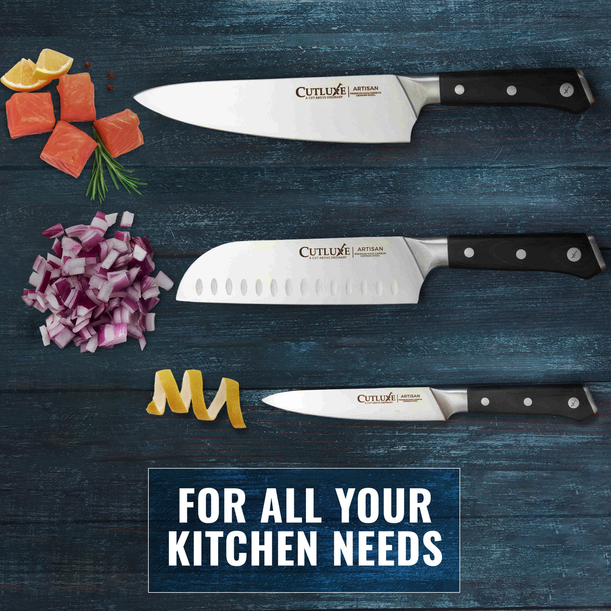 Product image 9 of 11: Cutluxe artisan kitchen knives with chopped onions, salmon, and lemon on dark wood surface