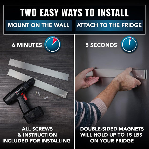 Product image 8 of 10: Magnetic knife strip installation: wall mount in 6 mins or fridge attach in 5 secs with included screws