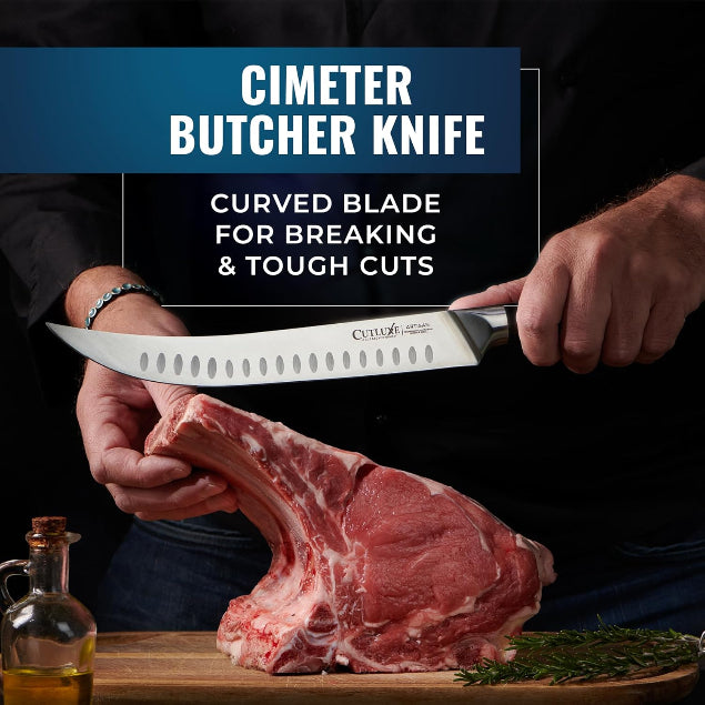 Product image 6 of 12: Cimeter butcher knife with curved blade cutting raw meat on wooden board