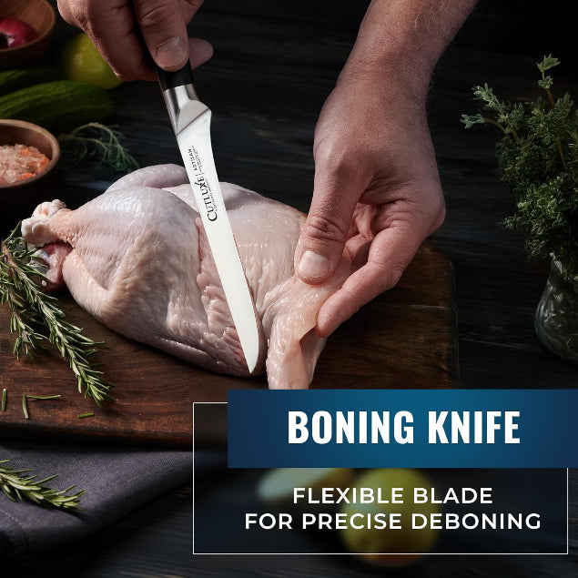 Product image 8 of 12: Boning knife with flexible blade precisely deboning raw chicken on wooden cutting board
