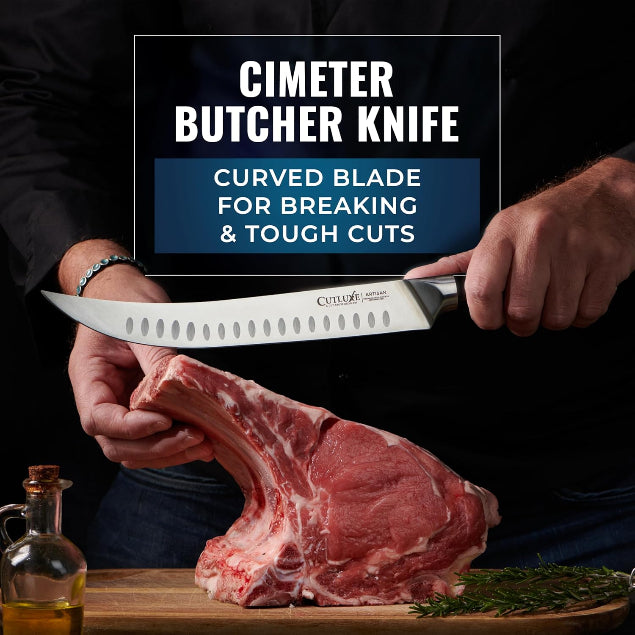 Product image 6 of 10: Cimeter butcher knife with curved blade slicing raw meat on wooden board