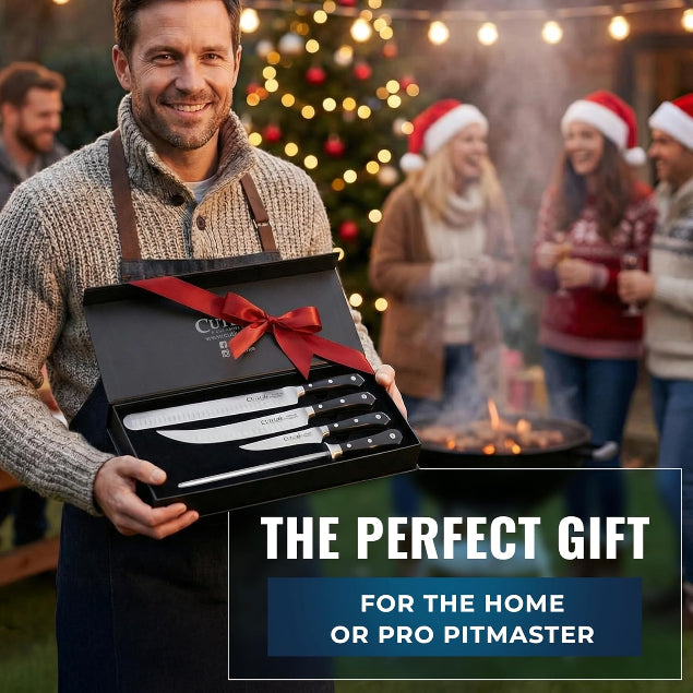 Product image 9 of 10: Man holding premium kitchen knife set in gift box, perfect for home cooks or pro chefs