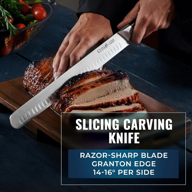 Product image 5 of 10: Slicing carving knife with razor-sharp Granton edge slicing roasted meat on wooden board