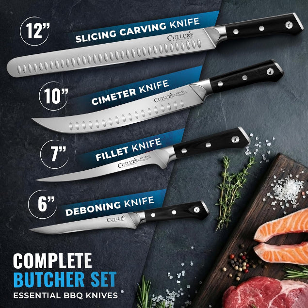 Product image 4 of 12: Complete butcher knife set with slicing, cimeter, fillet, and deboning knives for BBQ and kitchen use