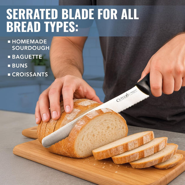 Product image 6 of 9: Serrated bread knife slicing loaf on wooden cutting board, ideal for sourdough, baguette, buns, croissants