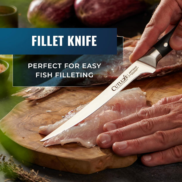 Product image 7 of 12: Fillet knife slicing fish on wooden board, perfect for easy fish filleting