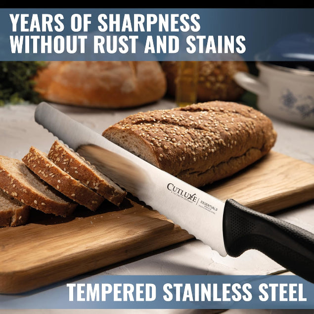 Product image 7 of 9: Serrated bread knife slicing loaf on wooden board, tempered stainless steel, rust-free