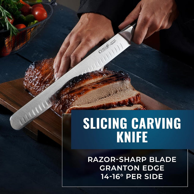 Product image 5 of 12: Slicing carving knife with razor-sharp Granton edge cutting roasted meat on wooden board
