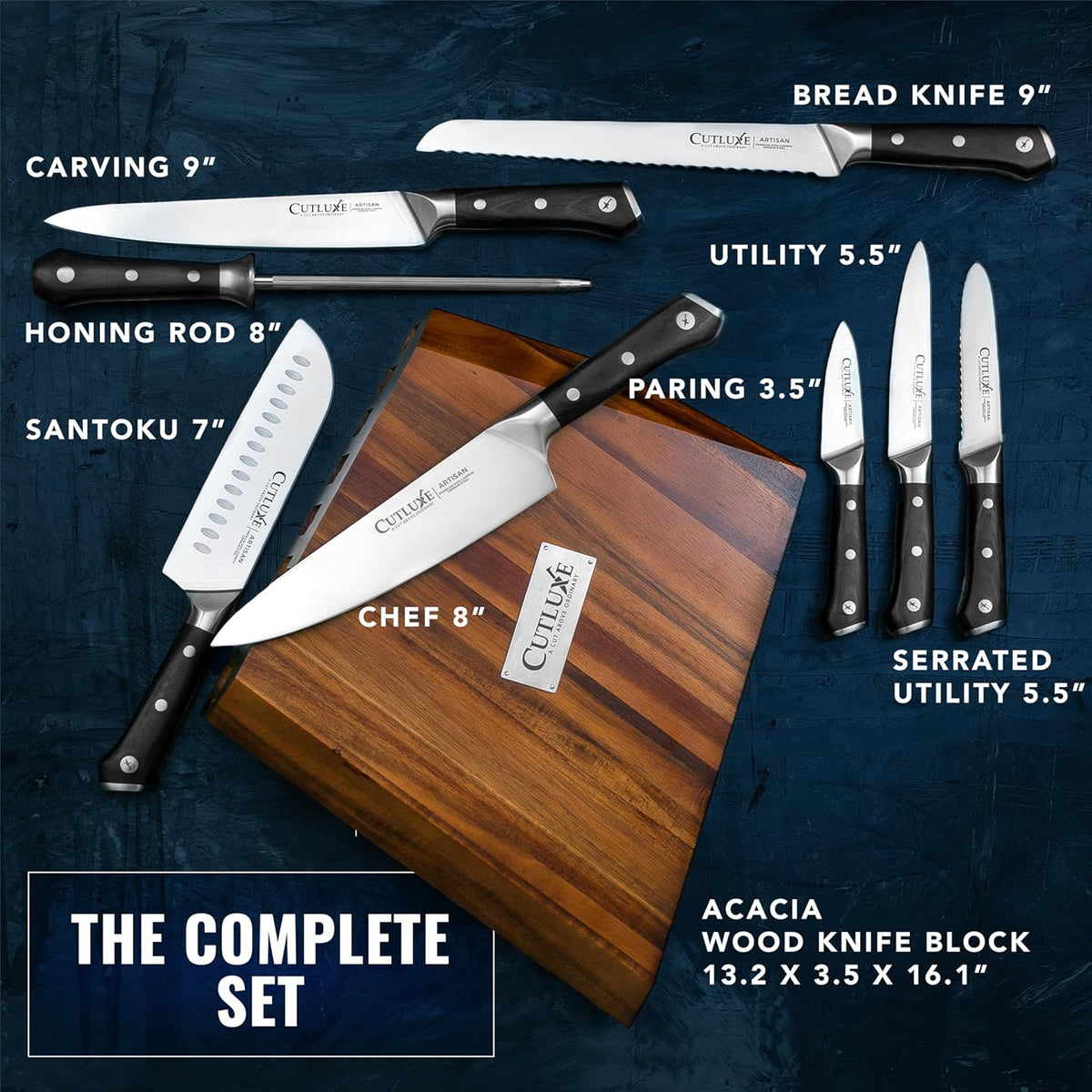 Product image 2 of 8: Complete kitchen knife set with acacia wood block, chef, santoku, paring, and bread knives