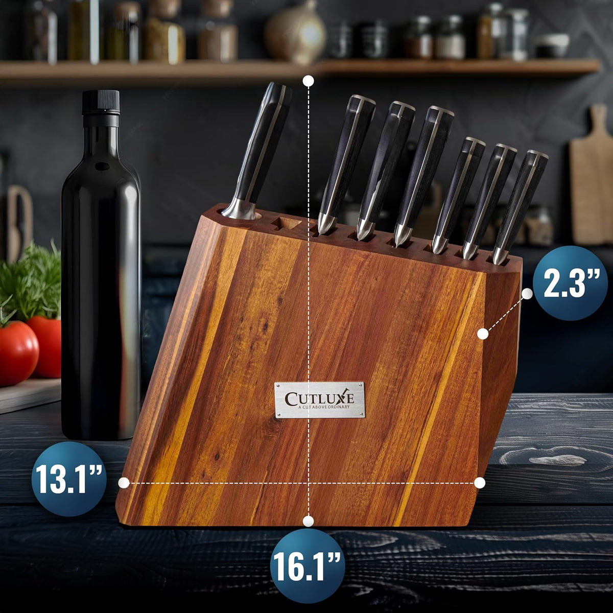 Product image 3 of 8: Wooden knife block with black-handled kitchen knives, labeled Cutluxe, on a dark countertop with dimensions shown.