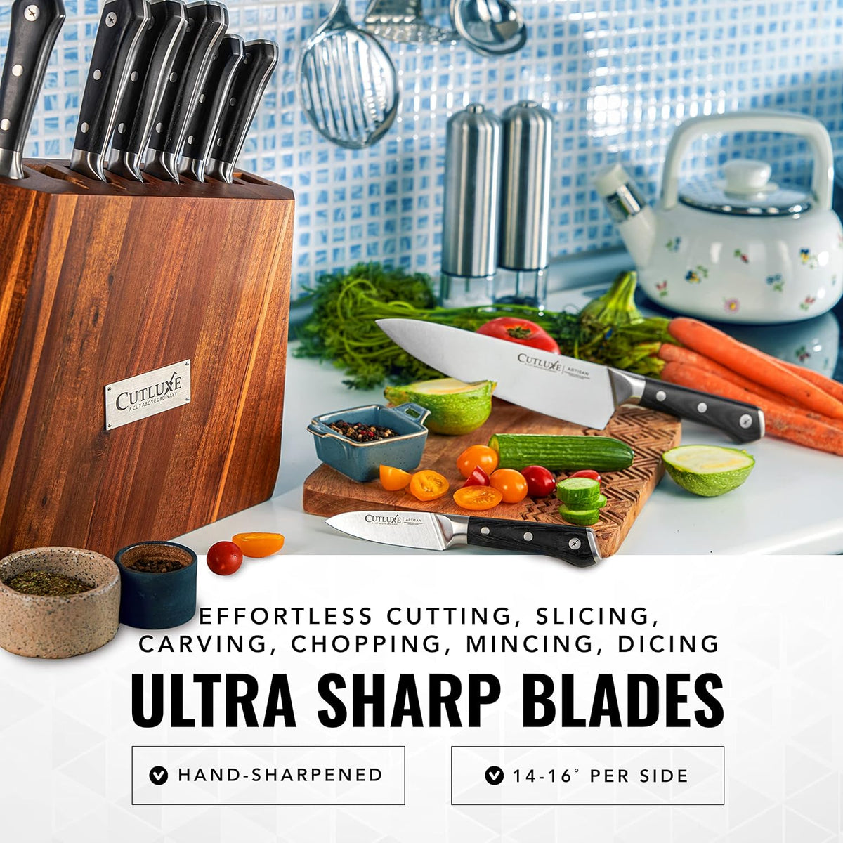 Product image 4 of 8: Ultra sharp kitchen knives for slicing, chopping, and dicing fresh vegetables on a cutting board