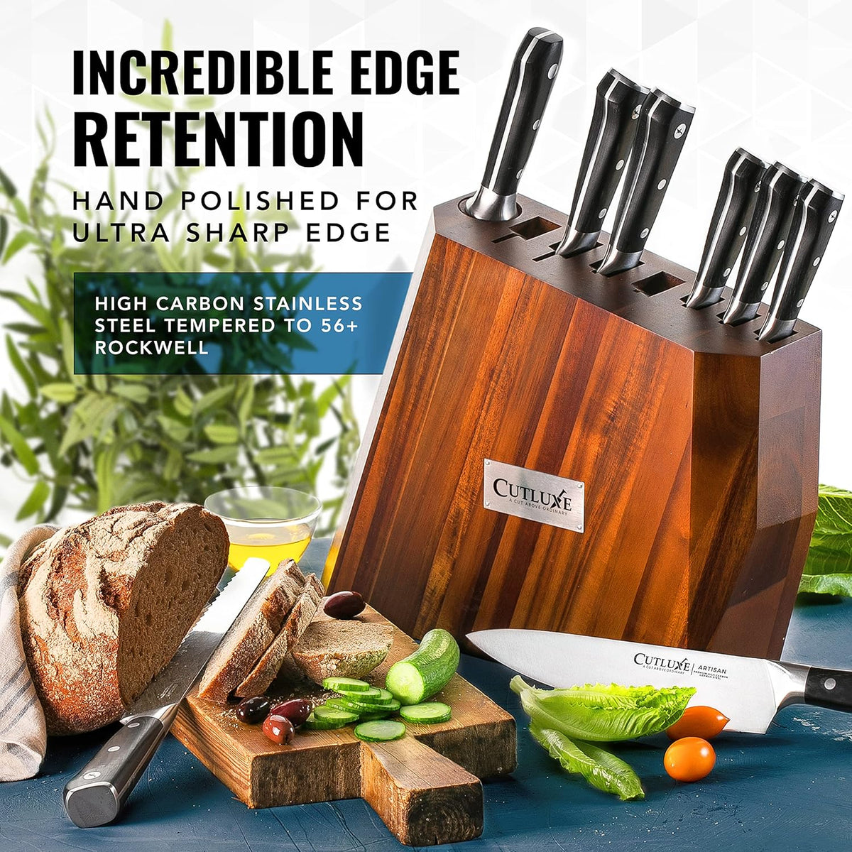 Product image 5 of 8: Cutluxe kitchen knife set with wooden block, sharp stainless steel blades, sliced bread & veggies on cutting board