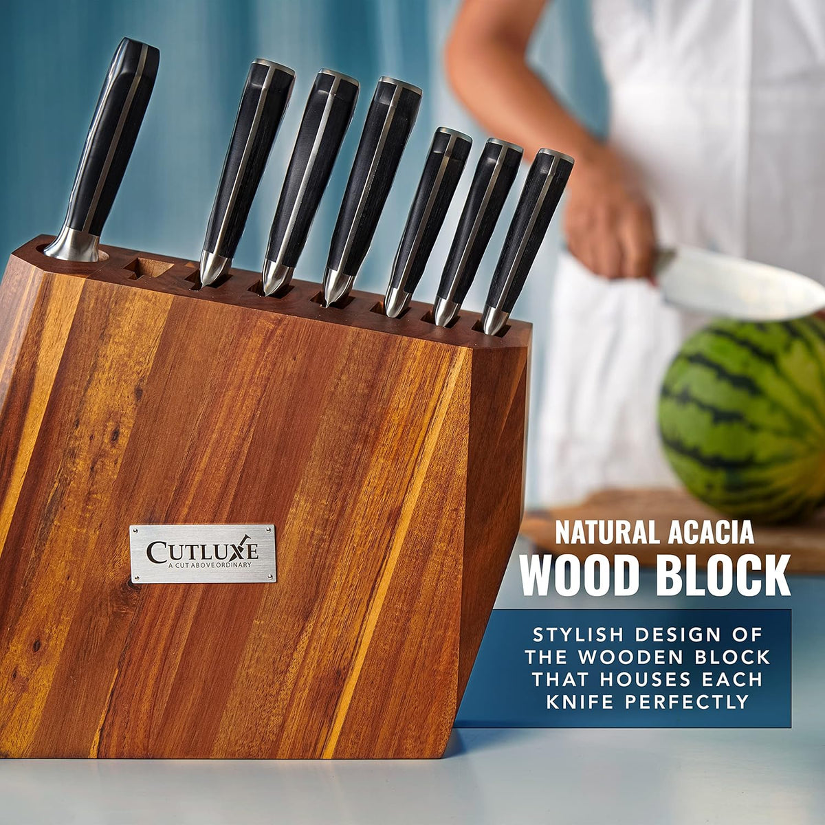 Product image 6 of 8: Natural acacia wood knife block with sleek black-handled kitchen knives, perfect for home cooks and chefs.