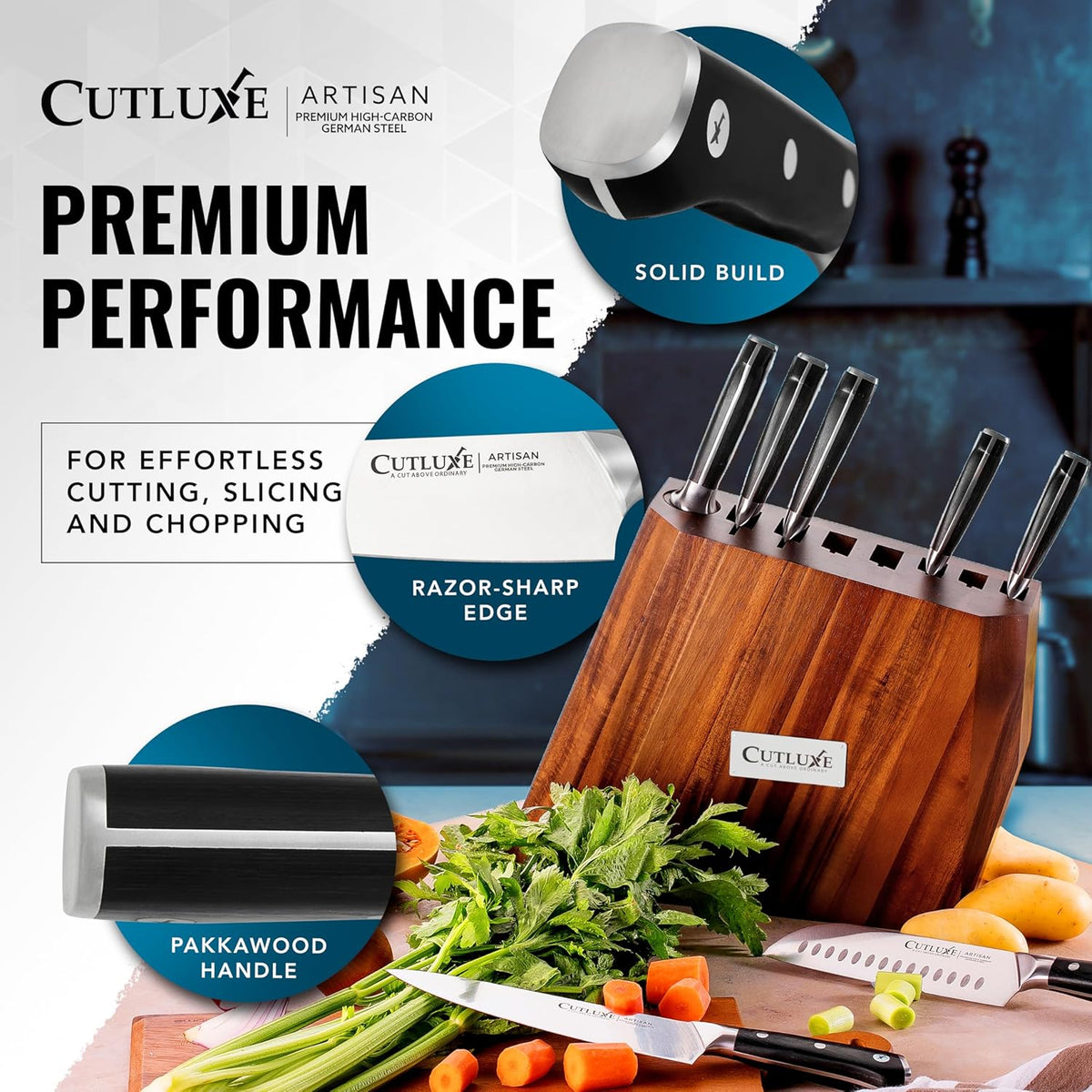 Product image 7 of 8: Premium kitchen knives with razor-sharp edge, solid build, and Pakkawood handle for effortless cutting, slicing, and chopping