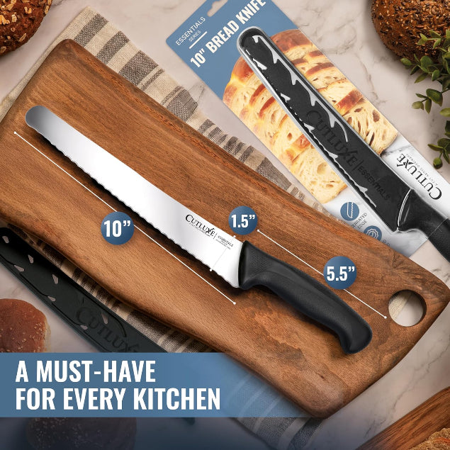 Product image 2 of 9: 10-inch bread knife with serrated blade on wooden cutting board, ideal for every kitchen