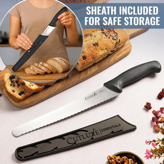 Product image 3 of 9: Bread knife with serrated blade and protective sheath for safe storage, slicing loaf on wooden board