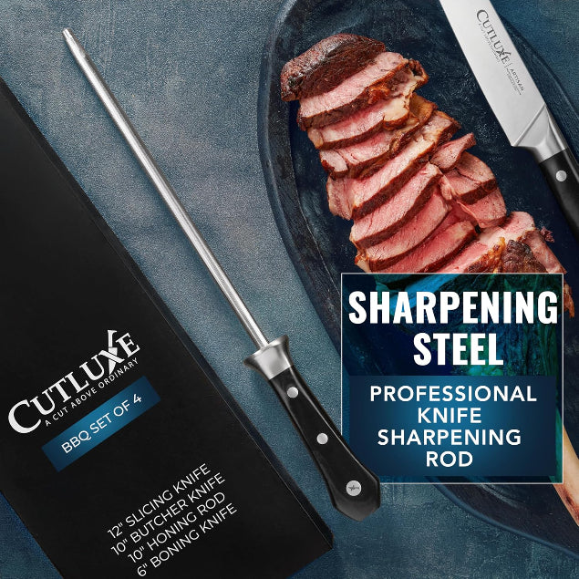 Product image 7 of 10: Professional sharpening steel for kitchen knives, shown with sliced meat and BBQ knife set