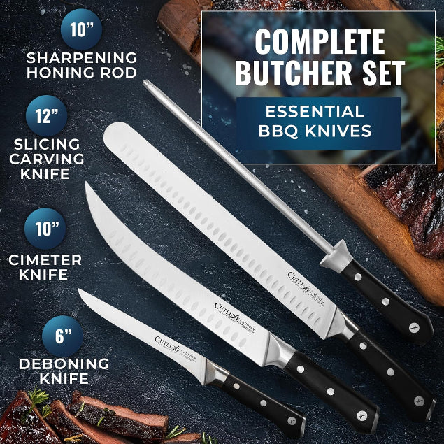Product image 4 of 10: Complete butcher knife set with 10” honing rod, 12” slicing, 10” cimeter, and 6” deboning knives for BBQ prep