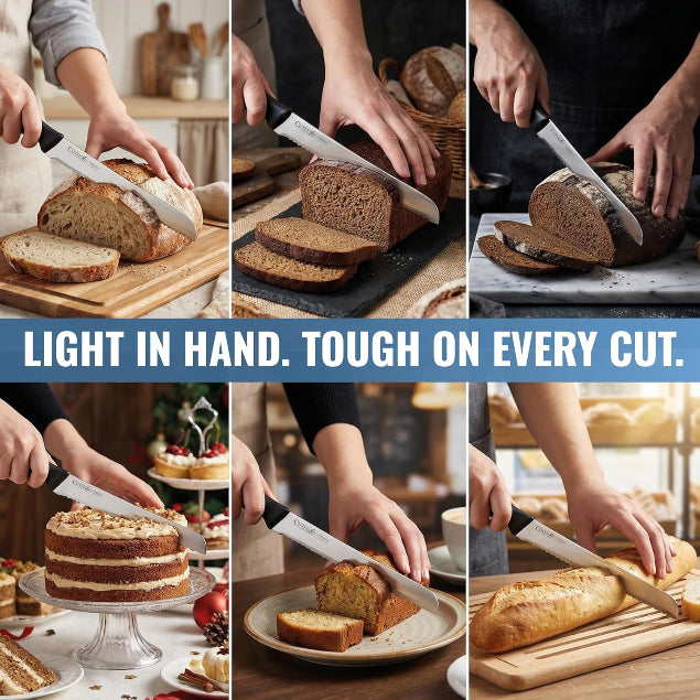 Product image 5 of 9: Sharp kitchen knives slicing bread and cake, light in hand, tough on every cut for home cooks and chefs