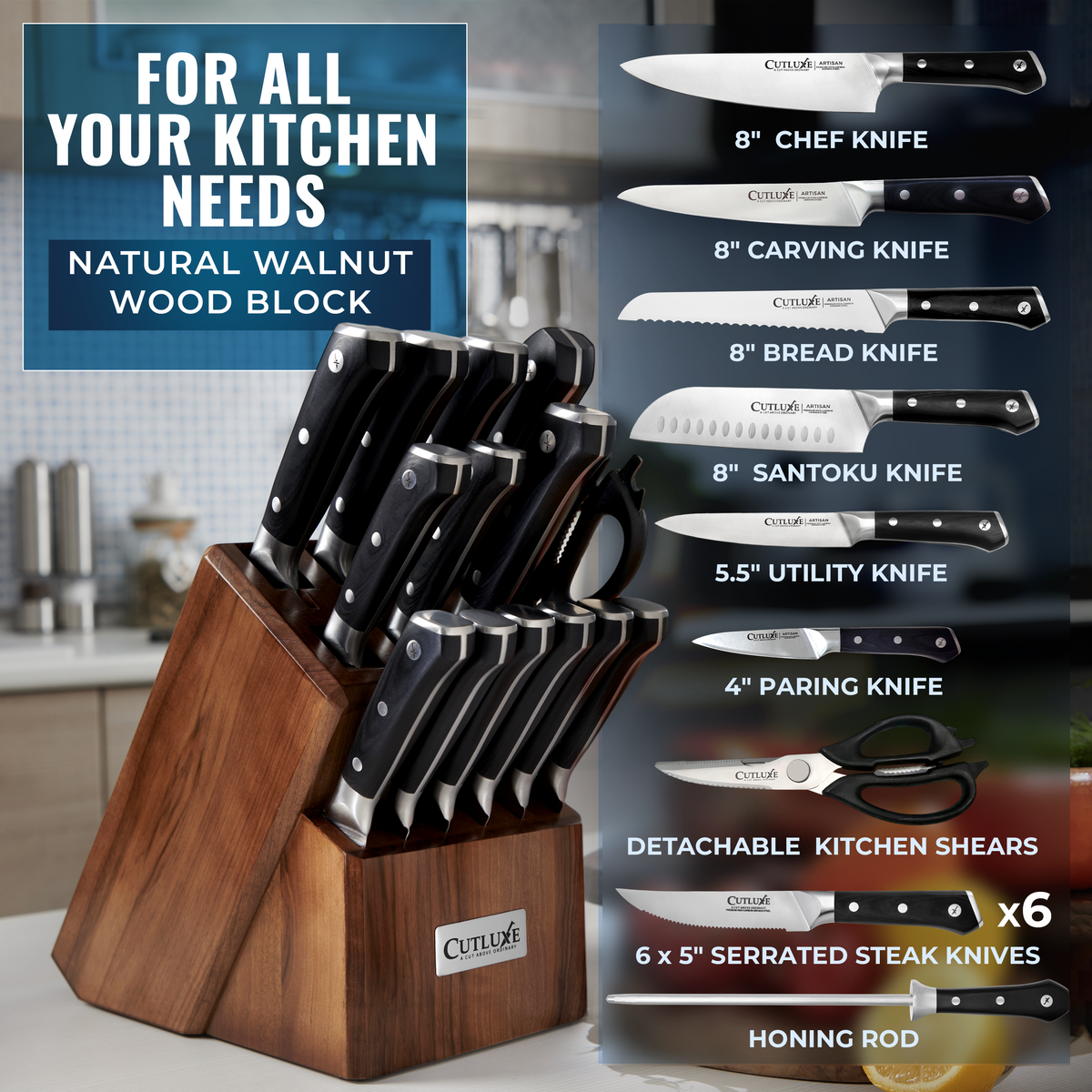 Product image 17 of 26: Complete kitchen knife set with walnut block, chef, bread, santoku knives, shears & steak knives for home cooks