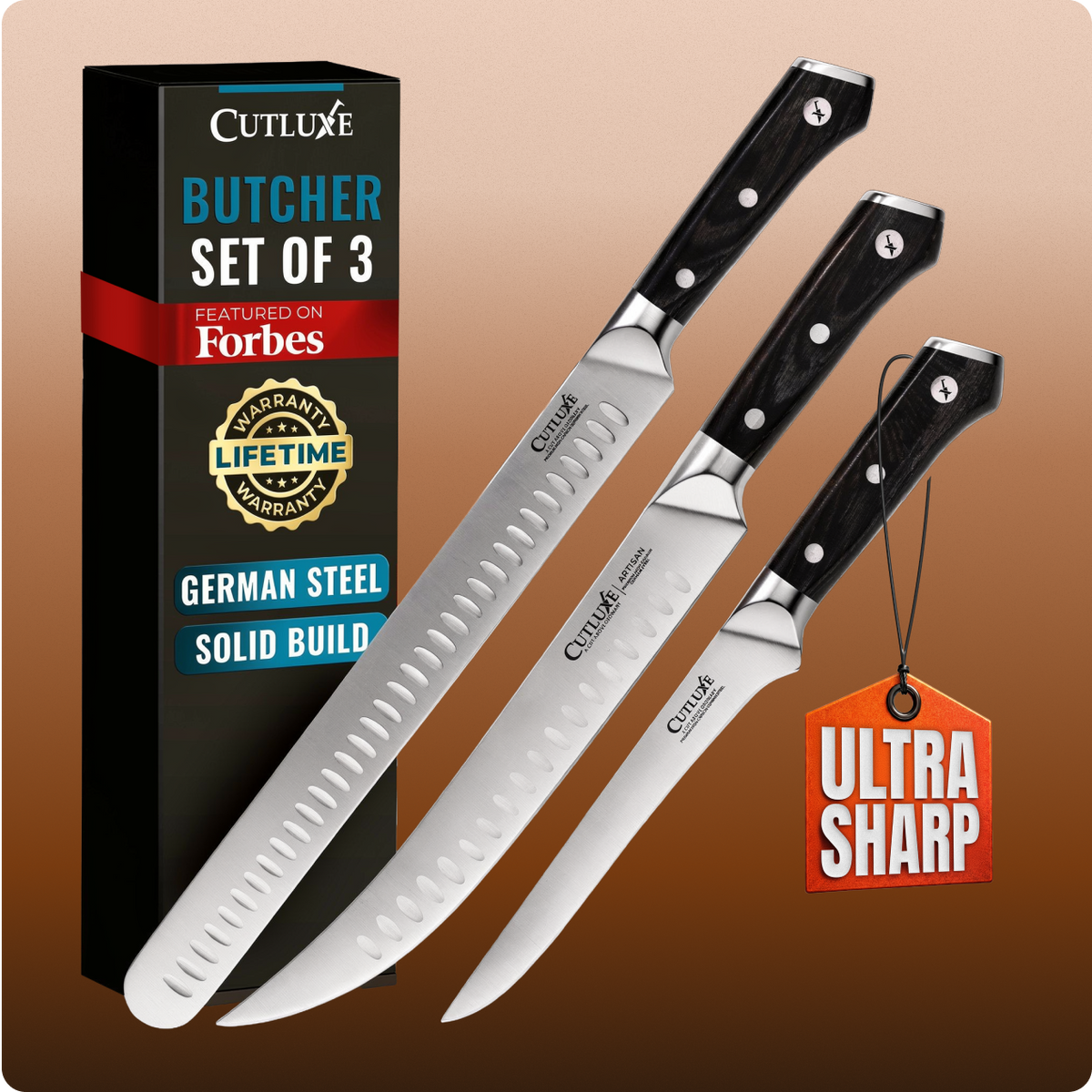 Product image 1 of 10: Butcher knife set of 3 with German steel blades, solid build, ultra sharp, lifetime warranty