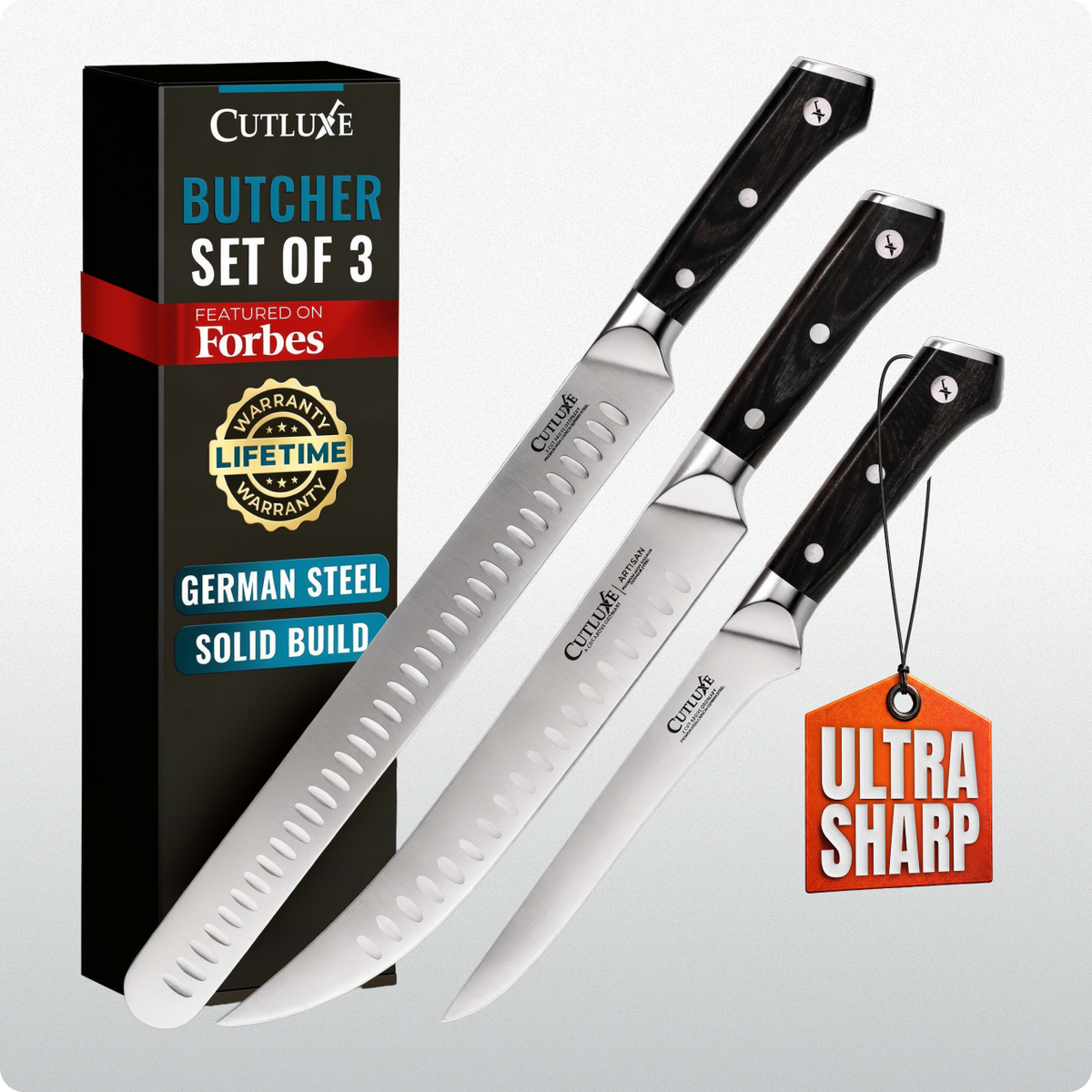 Product image 10 of 10: Ultra sharp butcher knife set of 3 with German steel blades and solid build for home cooks and chefs