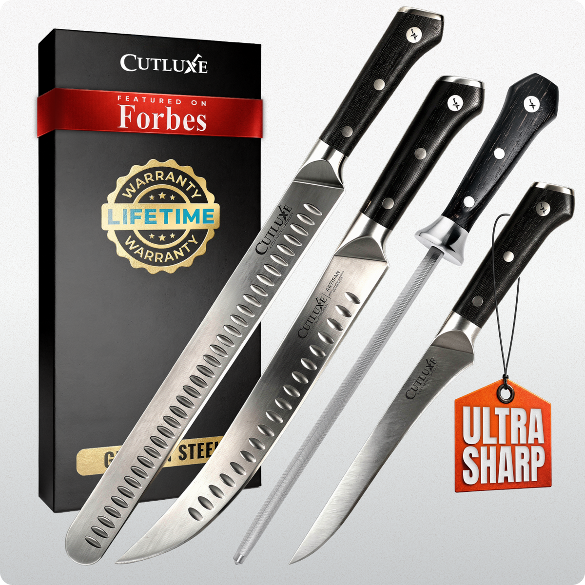 Product image 10 of 10: Ultra sharp kitchen knives with black handles, lifetime warranty, featured on Forbes, premium steel blades